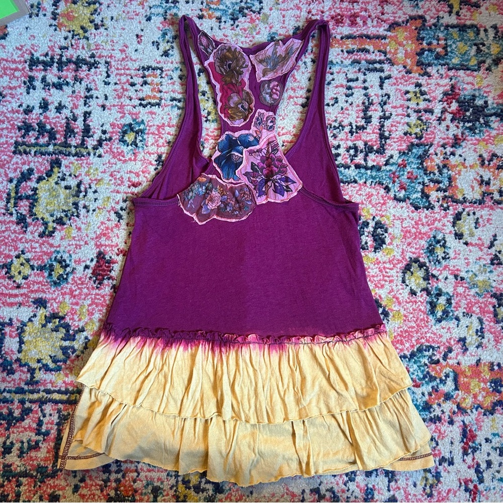 SOLD_Free People NWT purple and yellow racerback long tank with floral appliqué
